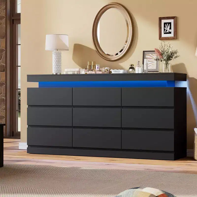 Commode à 9 tiroirs pour chambre à coucher - Commode de 160 cm de large avec lumière LED et station de recharge, grand meuble TV, organisateur de maison multifonctionnel