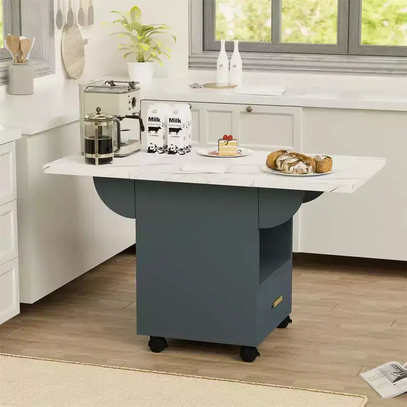 Table pliante multifonctionnelle avec texture marbre, Îlot de cuisine roulant avec tiroir de rangement et étagère, Bureau d'ordinateur mobile pour petit espace