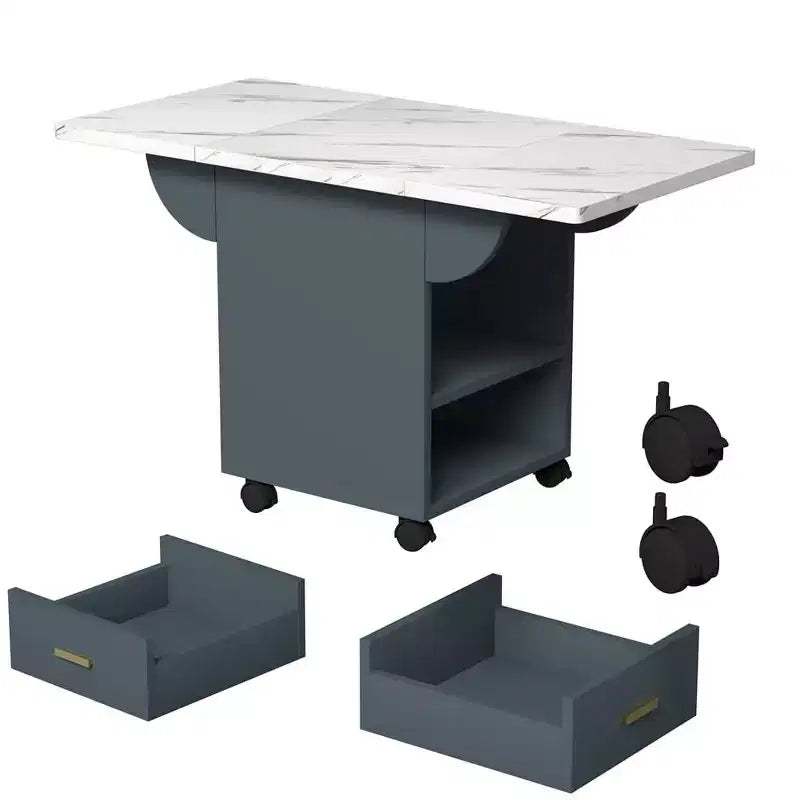 Table pliante multifonctionnelle avec texture marbre, Îlot de cuisine roulant avec tiroir de rangement et étagère, Bureau d'ordinateur mobile pour petit espace