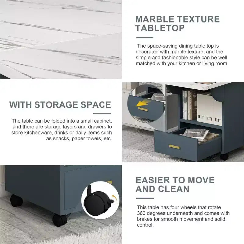 Table pliante multifonctionnelle avec texture marbre, Îlot de cuisine roulant avec tiroir de rangement et étagère, Bureau d'ordinateur mobile pour petit espace