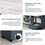 Table pliante multifonctionnelle avec texture marbre, Îlot de cuisine roulant avec tiroir de rangement et étagère, Bureau d'ordinateur mobile pour petit espace