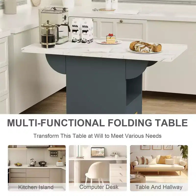 Table pliante multifonctionnelle avec texture marbre, Îlot de cuisine roulant avec tiroir de rangement et étagère, Bureau d'ordinateur mobile pour petit espace