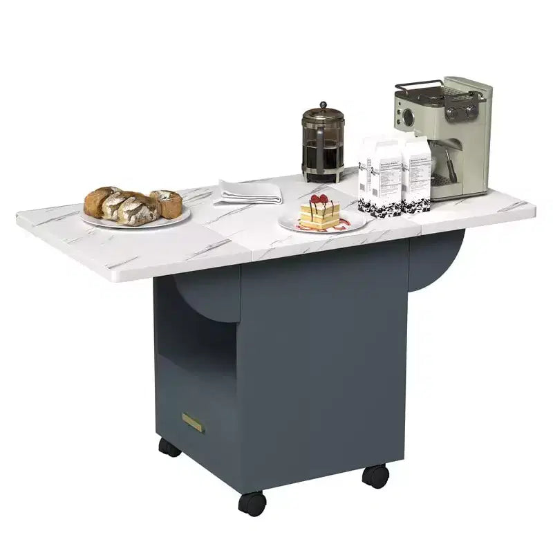 Table pliante multifonctionnelle avec texture marbre, Îlot de cuisine roulant avec tiroir de rangement et étagère, Bureau d'ordinateur mobile pour petit espace