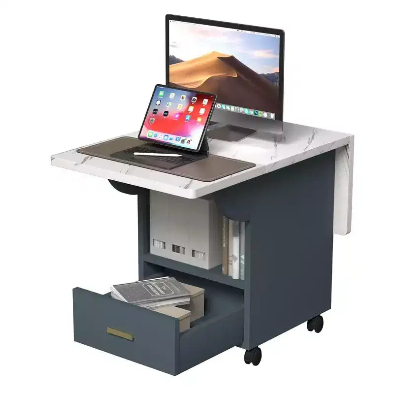 Table pliante multifonctionnelle avec texture marbre, Îlot de cuisine roulant avec tiroir de rangement et étagère, Bureau d'ordinateur mobile pour petit espace