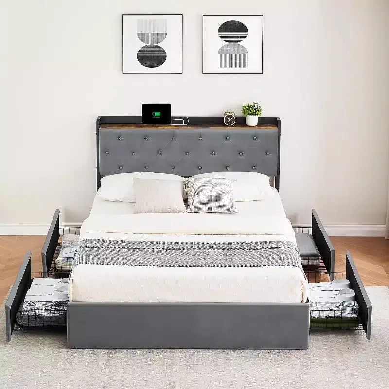 Queen Bed with Upholstered, Bed Frame with Charging Station & 4 Storage Drawers, Wood Slat Support, No Box Spring Needed, Light Grey (Queen)
