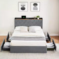 Queen Bed with Upholstered, Bed Frame with Charging Station & 4 Storage Drawers, Wood Slat Support, No Box Spring Needed, Light Grey (Queen)