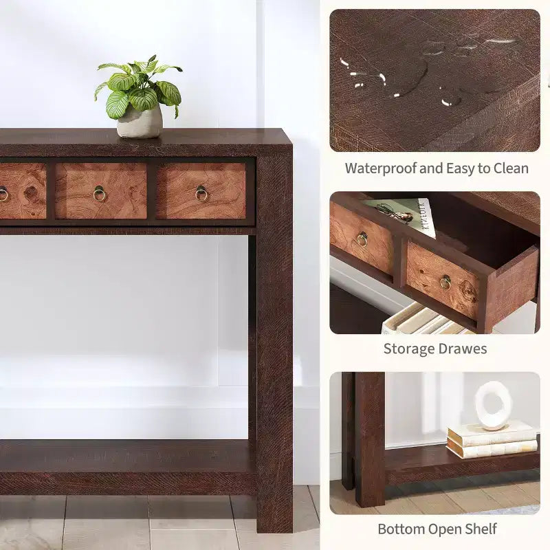 Console de 54 pouces de long, Table d'entrée en bois avec 2 tiroirs et étagère de rangement ouverte, Table de canapé derrière le canapé, Table d'entrée de style ferme