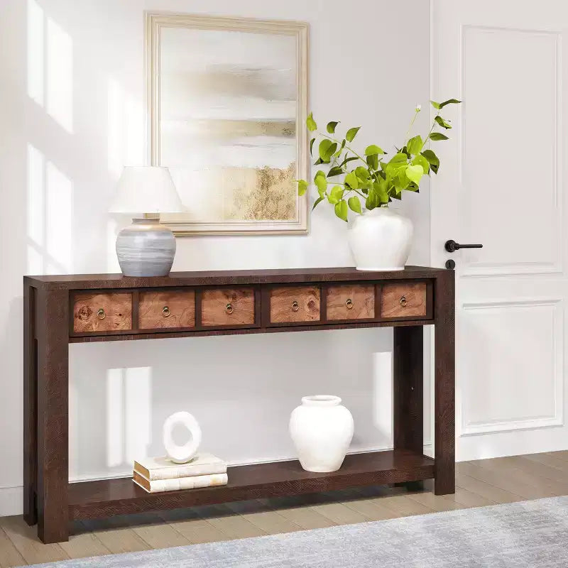 Console de 54 pouces de long, Table d'entrée en bois avec 2 tiroirs et étagère de rangement ouverte, Table de canapé derrière le canapé, Table d'entrée de style ferme