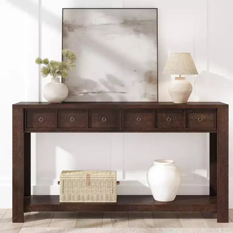 Console de 54 pouces de long, Table d'entrée en bois avec 2 tiroirs et étagère de rangement ouverte, Table de canapé derrière le canapé, Table d'entrée de style ferme