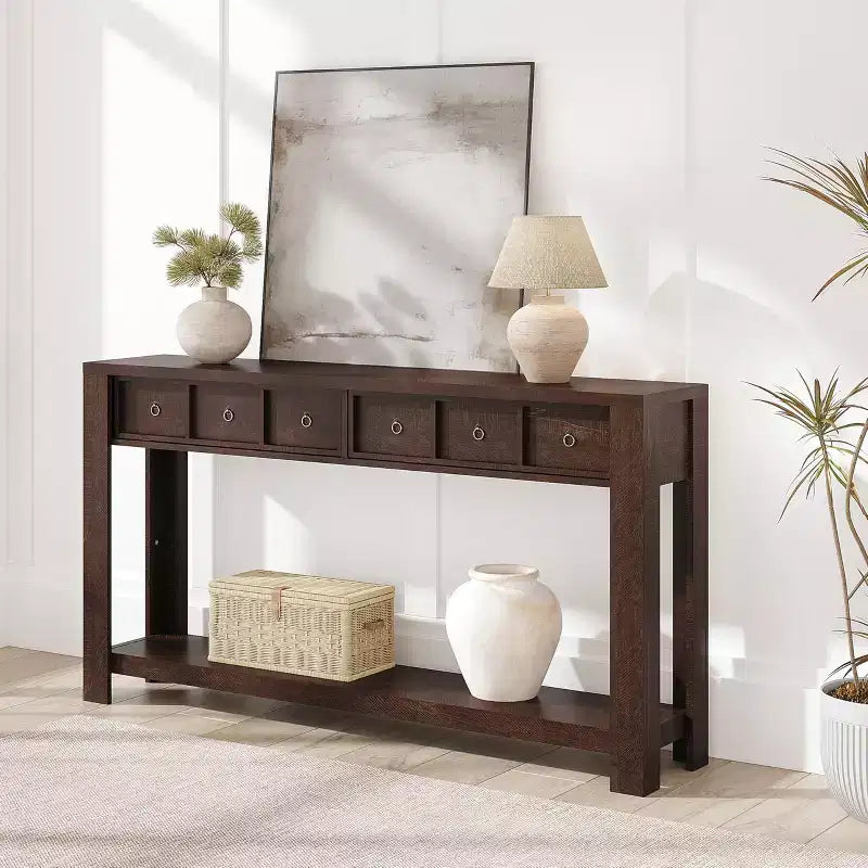 Console de 54 pouces de long, Table d'entrée en bois avec 2 tiroirs et étagère de rangement ouverte, Table de canapé derrière le canapé, Table d'entrée de style ferme