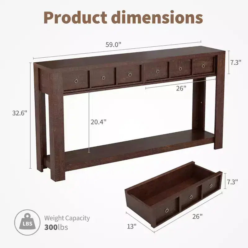 Console de 54 pouces de long, Table d'entrée en bois avec 2 tiroirs et étagère de rangement ouverte, Table de canapé derrière le canapé, Table d'entrée de style ferme