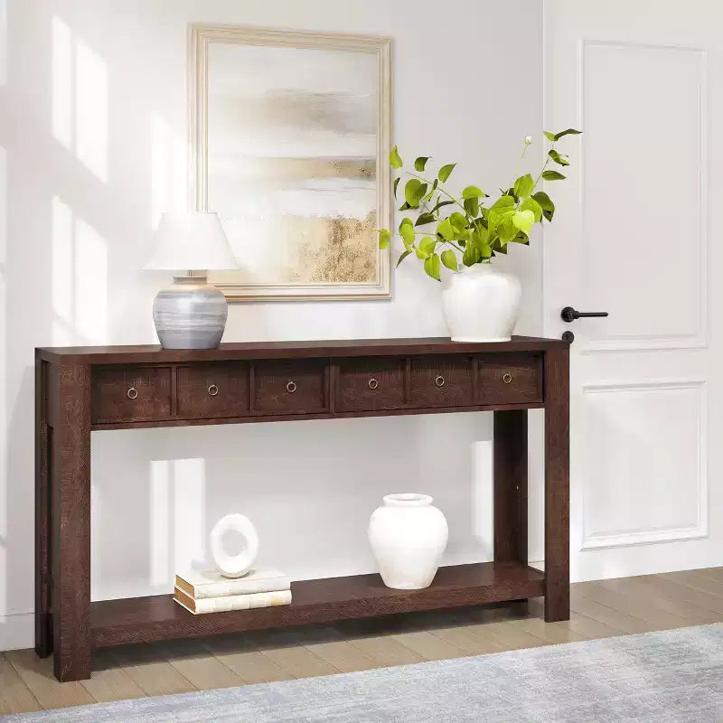 Console de 54 pouces de long, Table d'entrée en bois avec 2 tiroirs et étagère de rangement ouverte, Table de canapé derrière le canapé, Table d'entrée de style ferme