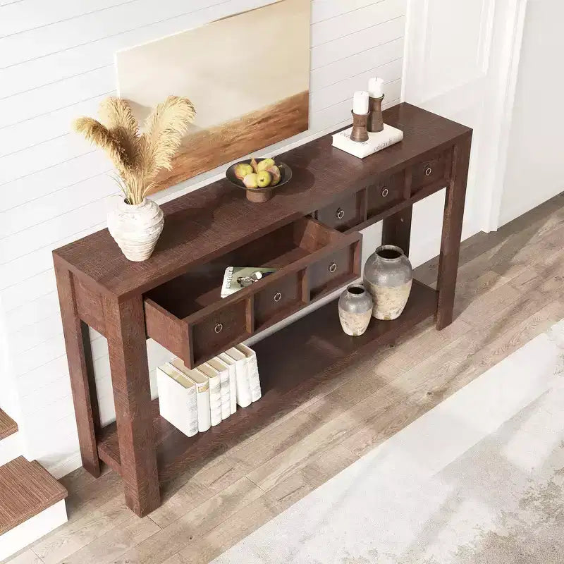 Console de 54 pouces de long, Table d'entrée en bois avec 2 tiroirs et étagère de rangement ouverte, Table de canapé derrière le canapé, Table d'entrée de style ferme