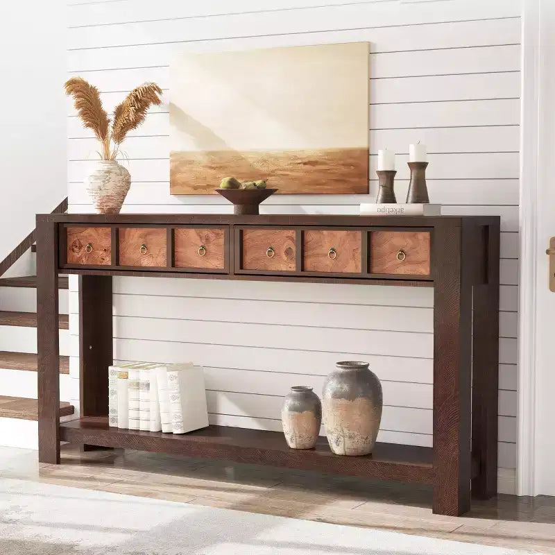 Console de 54 pouces de long, Table d'entrée en bois avec 2 tiroirs et étagère de rangement ouverte, Table de canapé derrière le canapé, Table d'entrée de style ferme