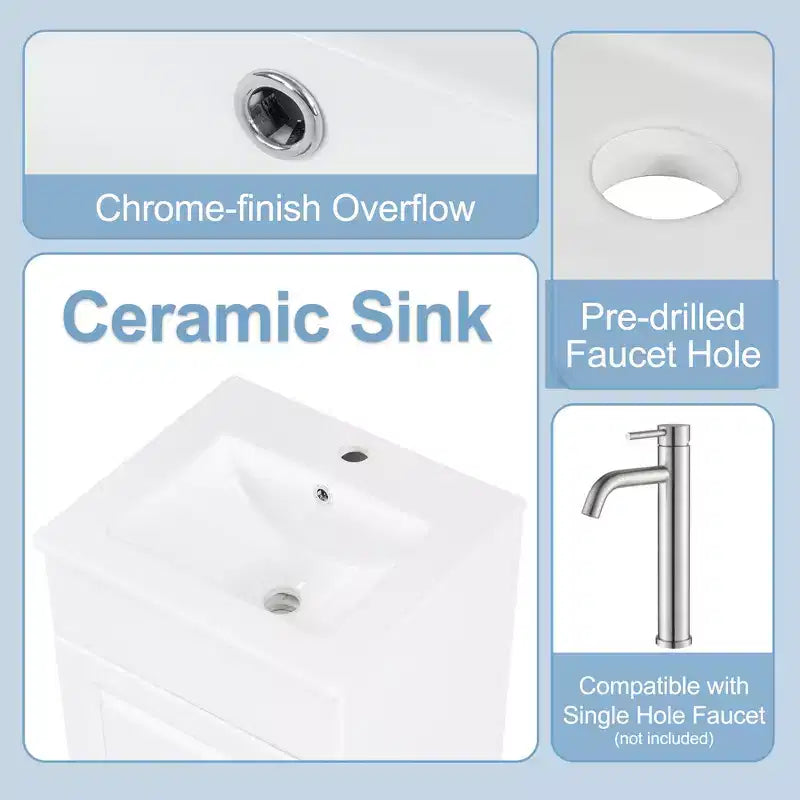 Meuble de salle de bain avec lavabo intégré de 45 cm, armoire de rangement avec porte et étagère réglable, meuble-lavabo simple