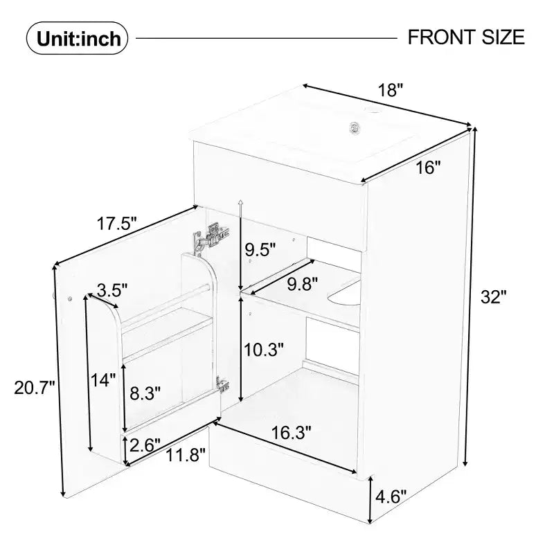 Meuble de salle de bain avec lavabo intégré de 45 cm, armoire de rangement avec porte et étagère réglable, meuble-lavabo simple