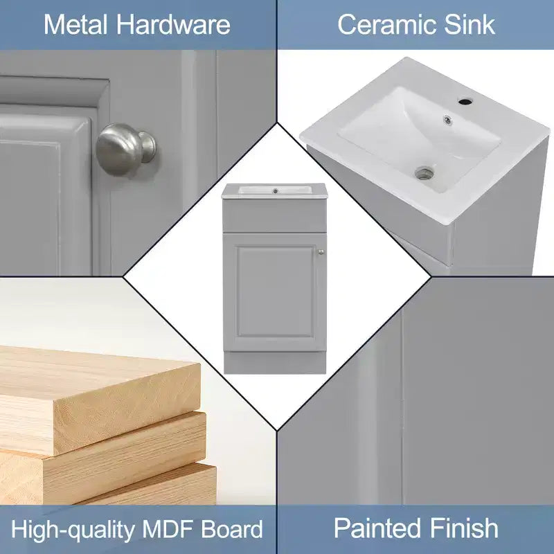Meuble de salle de bain avec lavabo intégré de 45 cm, armoire de rangement avec porte et étagère réglable, meuble-lavabo simple