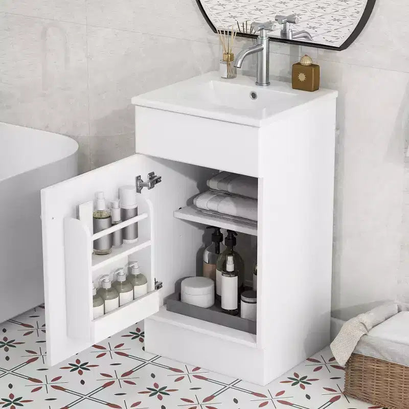 Meuble de salle de bain avec lavabo intégré de 45 cm, armoire de rangement avec porte et étagère réglable, meuble-lavabo simple