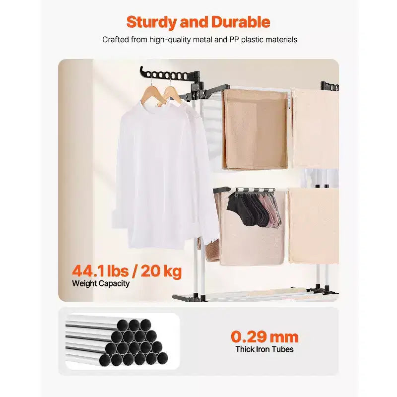 Séchoir à linge pliable à 4 niveaux avec roulettes et ailes latérales, capacité de 35 kg