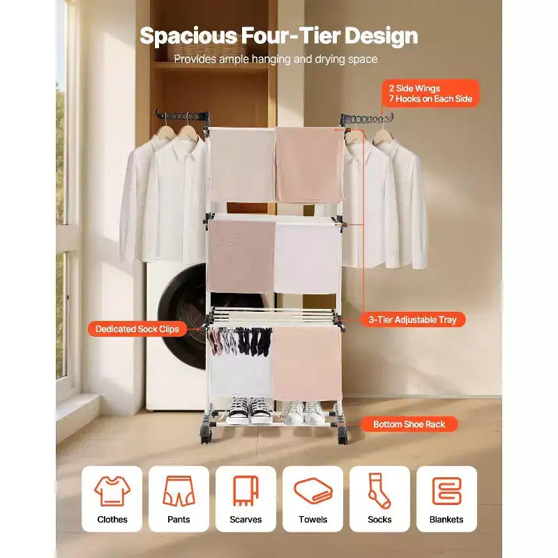 Séchoir à linge pliable à 4 niveaux avec roulettes et ailes latérales, capacité de 35 kg