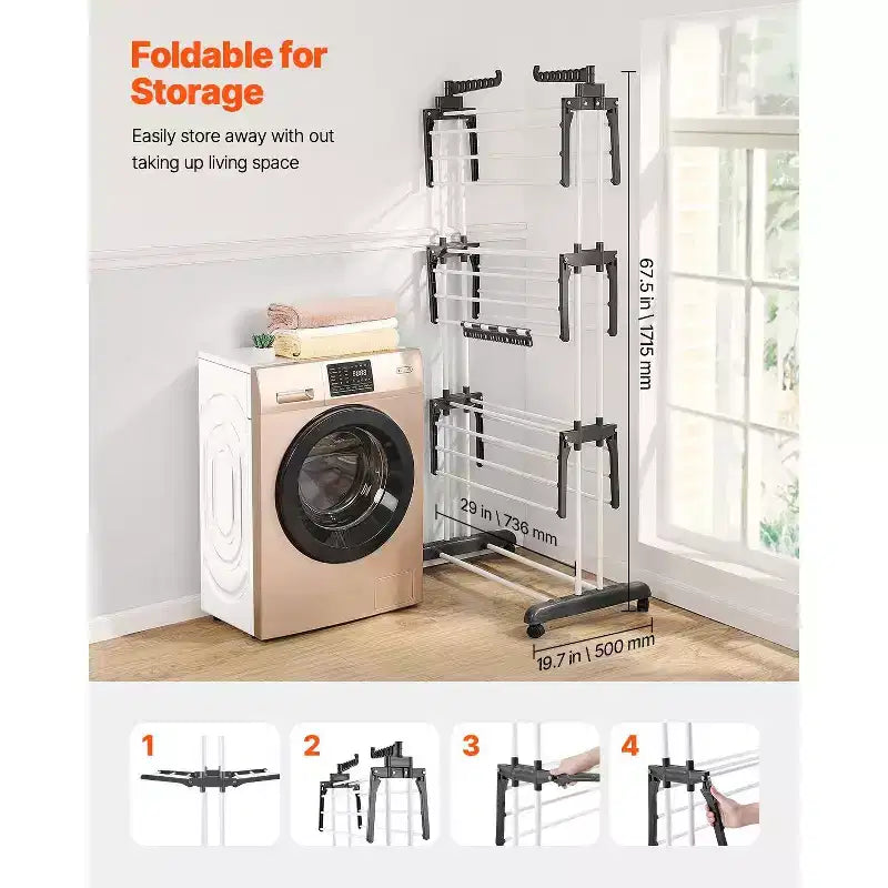 Séchoir à linge pliable à 4 niveaux avec roulettes et ailes latérales, capacité de 35 kg