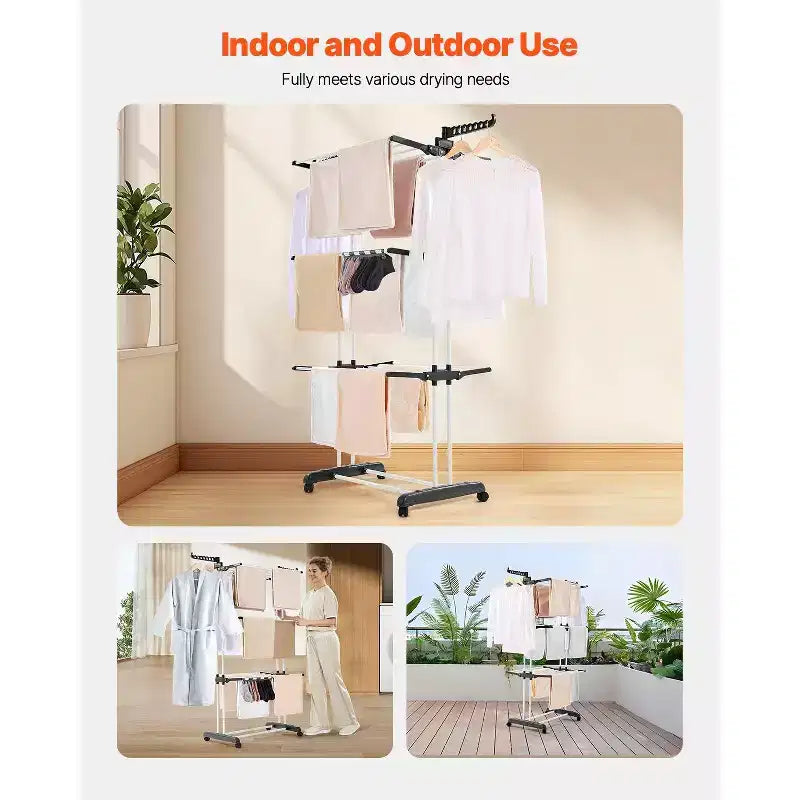 Séchoir à linge pliable à 4 niveaux avec roulettes et ailes latérales, capacité de 35 kg