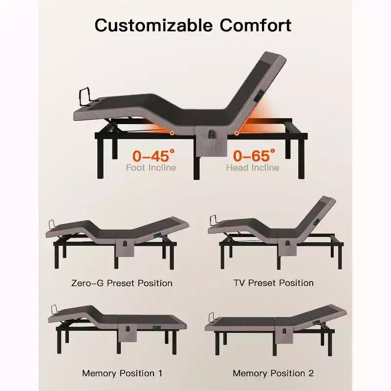 Cadre de lit réglable, lit double de massage taille XL, mode sans interstice et gravité zéro, lit électrique avec inclinaison de la tête et des pieds, équipé de 4 ports USB