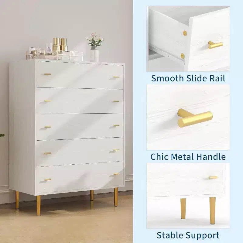 Commode à 5 tiroirs pour chambre à coucher, commode haute rustique en bois avec grands tiroirs et poignées barre, texture naturelle pour salon, couloir