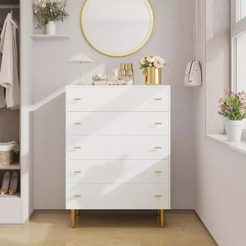 Commode à 5 tiroirs pour chambre à coucher, commode haute rustique en bois avec grands tiroirs et poignées barre, texture naturelle pour salon, couloir