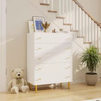Commode à 5 tiroirs pour chambre à coucher, commode haute rustique en bois avec grands tiroirs et poignées barre, texture naturelle pour salon, couloir