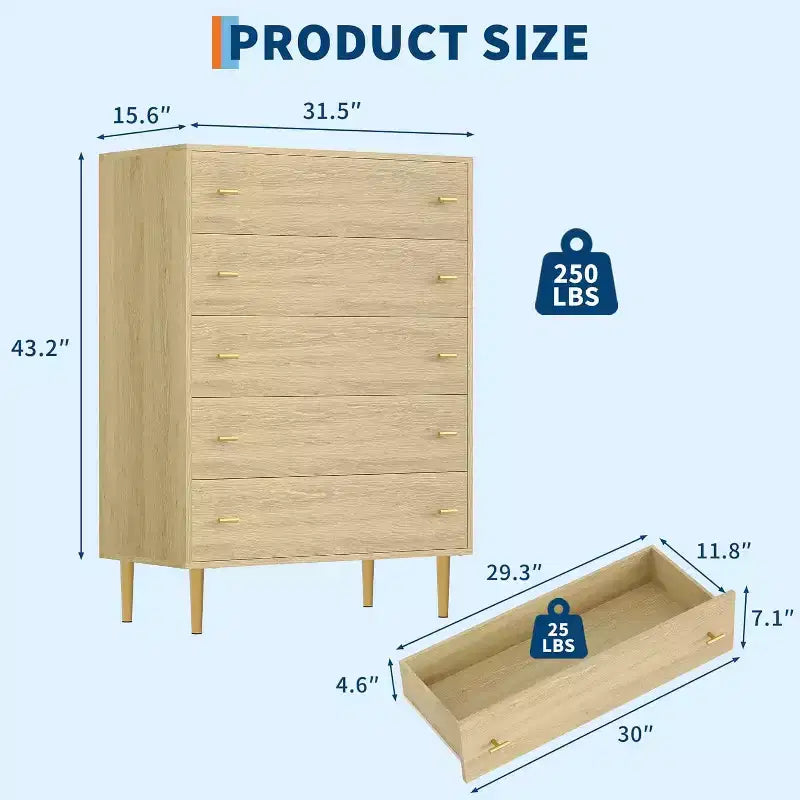 Commode à 5 tiroirs pour chambre à coucher, commode haute rustique en bois avec grands tiroirs et poignées barre, texture naturelle pour salon, couloir