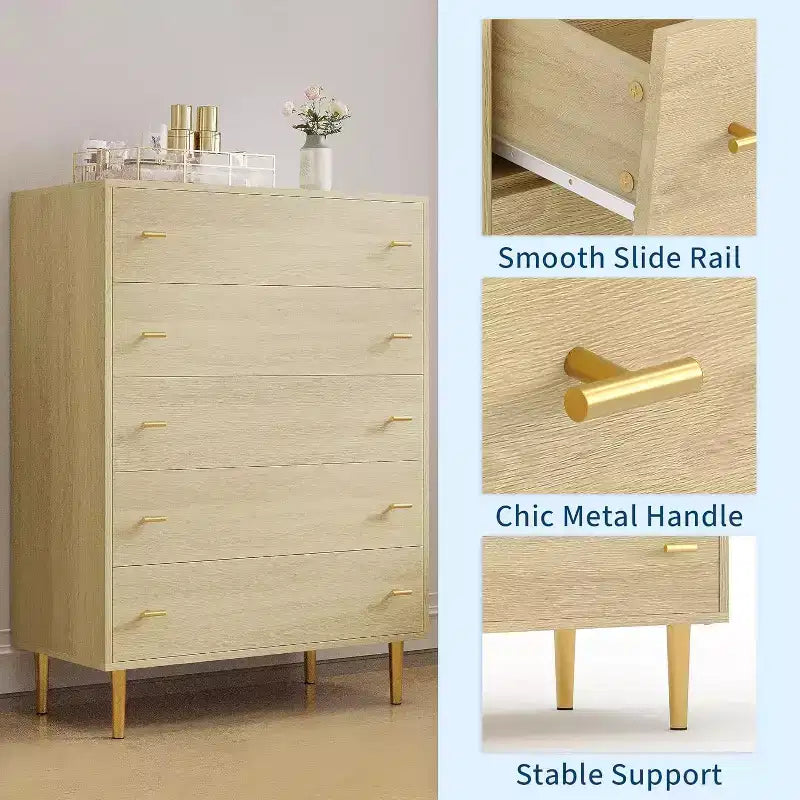Commode à 5 tiroirs pour chambre à coucher, commode haute rustique en bois avec grands tiroirs et poignées barre, texture naturelle pour salon, couloir