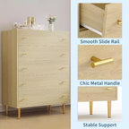 Commode à 5 tiroirs pour chambre à coucher, commode haute rustique en bois avec grands tiroirs et poignées barre, texture naturelle pour salon, couloir