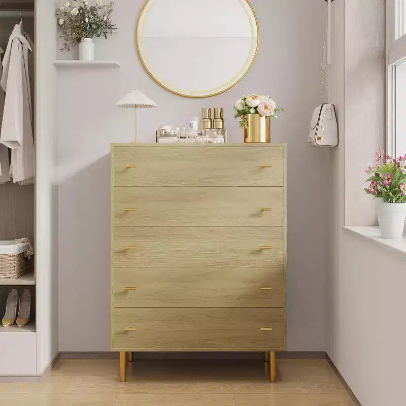 Commode à 5 tiroirs pour chambre à coucher, commode haute rustique en bois avec grands tiroirs et poignées barre, texture naturelle pour salon, couloir