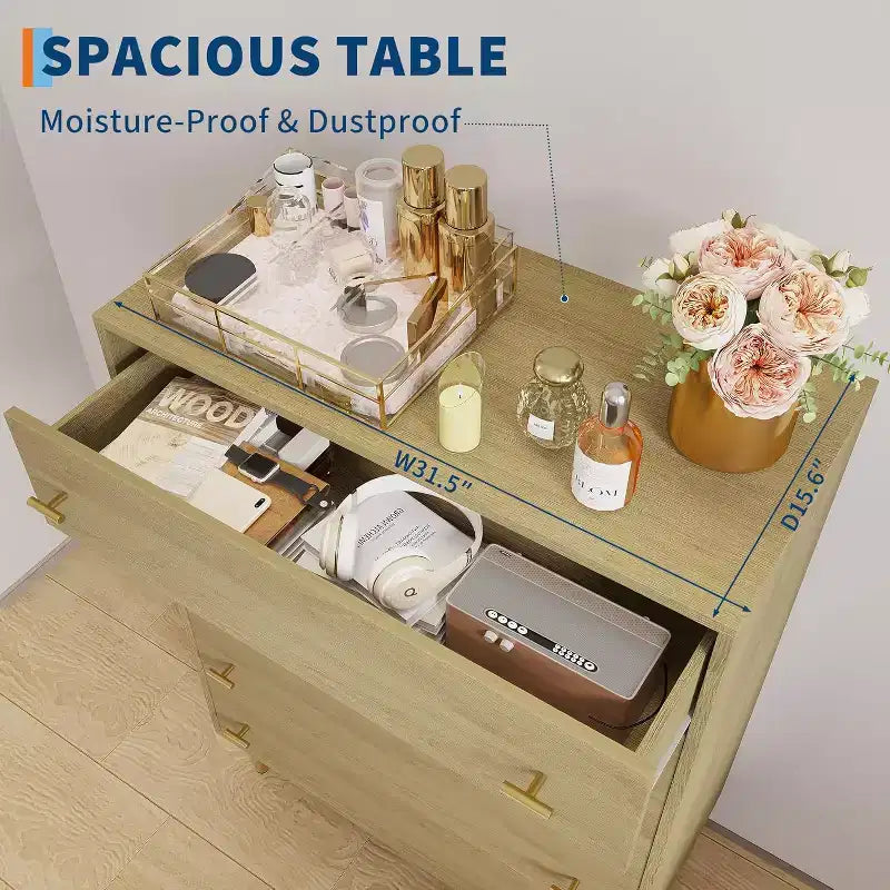 Commode à 5 tiroirs pour chambre à coucher, commode haute rustique en bois avec grands tiroirs et poignées barre, texture naturelle pour salon, couloir