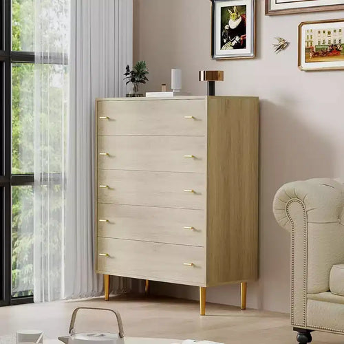 5 Drawers Dresser for Bedroom, Tall Dresser Wood Rustic Chest of Drawers with Large Drawers & Bar Handles,Natural Texture for Living Room,Hallway