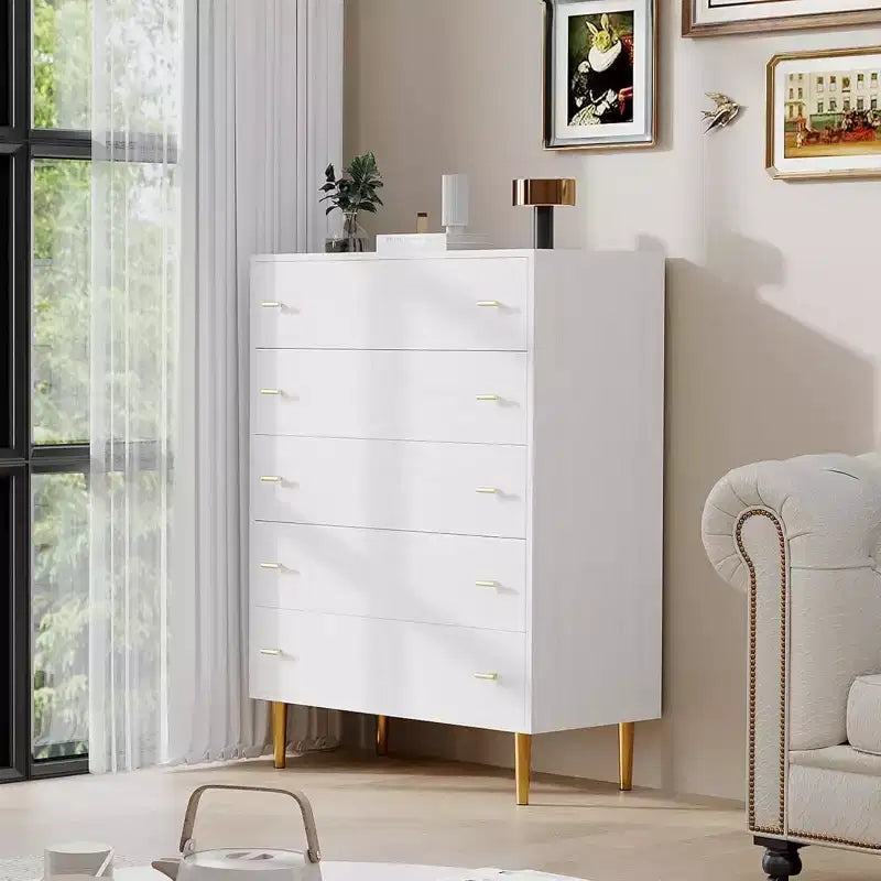 Commode à 5 tiroirs pour chambre à coucher, commode haute rustique en bois avec grands tiroirs et poignées barre, texture naturelle pour salon, couloir