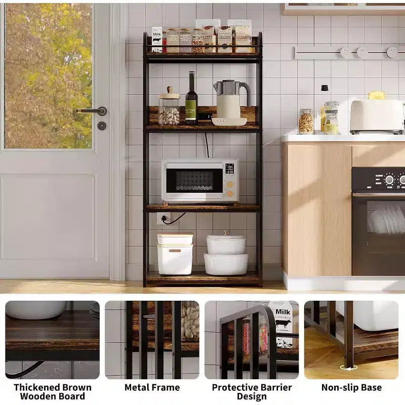 Étagère de boulanger à 4 niveaux pour cuisine avec rangement, étagère de micro-ondes industrielle, bar à café pour petits espaces, étagère de rangement de cuisine autonome