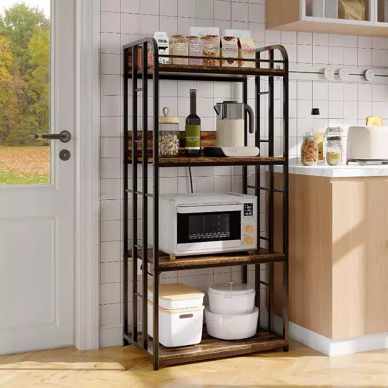 4-Tier Bakers Rack for Kitchen with Storage, Industrial Microwave Stand Shelf, Coffee Bar for Small Spaces, Free Standing Kitchen Storage Shelf Rack