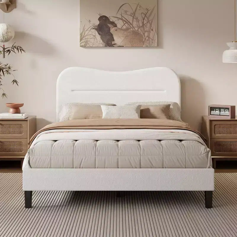 Full Size Upholstered Bed Frame Teddy Boucle Fabric Headboard White Cloud Bed Frame Modern Marshmallow Design No Box Spring Needed Strong Wood Slats