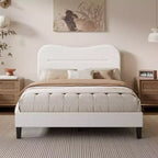 Full Size Upholstered Bed Frame Teddy Boucle Fabric Headboard White Cloud Bed Frame Modern Marshmallow Design No Box Spring Needed Strong Wood Slats