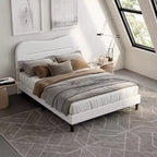 Cadre de lit rembourré pleine grandeur en tissu bouclé Teddy, tête de lit lit nuage blanc, design moderne guimauve, aucun sommier tapissier requis, lattes en bois robustes