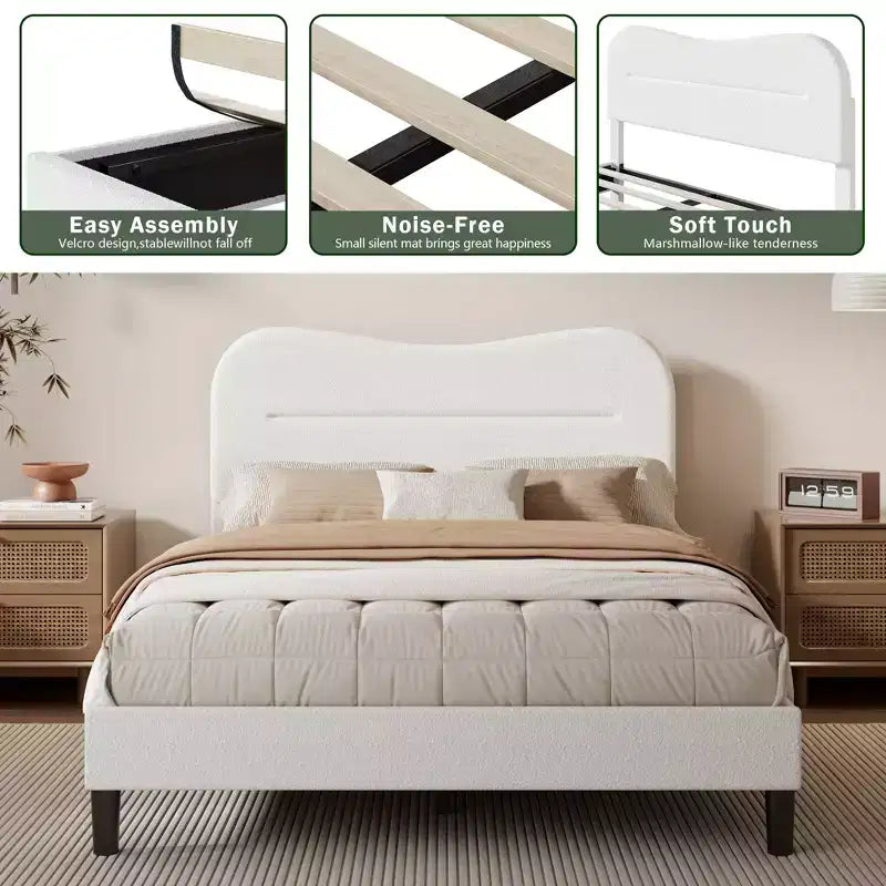 Cadre de lit rembourré pleine grandeur en tissu bouclé Teddy, tête de lit lit nuage blanc, design moderne guimauve, aucun sommier tapissier requis, lattes en bois robustes