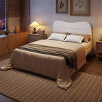 Cadre de lit rembourré pleine grandeur en tissu bouclé Teddy, tête de lit lit nuage blanc, design moderne guimauve, aucun sommier tapissier requis, lattes en bois robustes