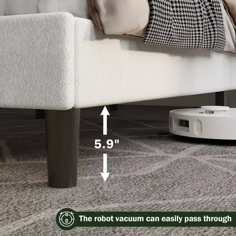 Cadre de lit rembourré pleine grandeur en tissu bouclé Teddy, tête de lit lit nuage blanc, design moderne guimauve, aucun sommier tapissier requis, lattes en bois robustes
