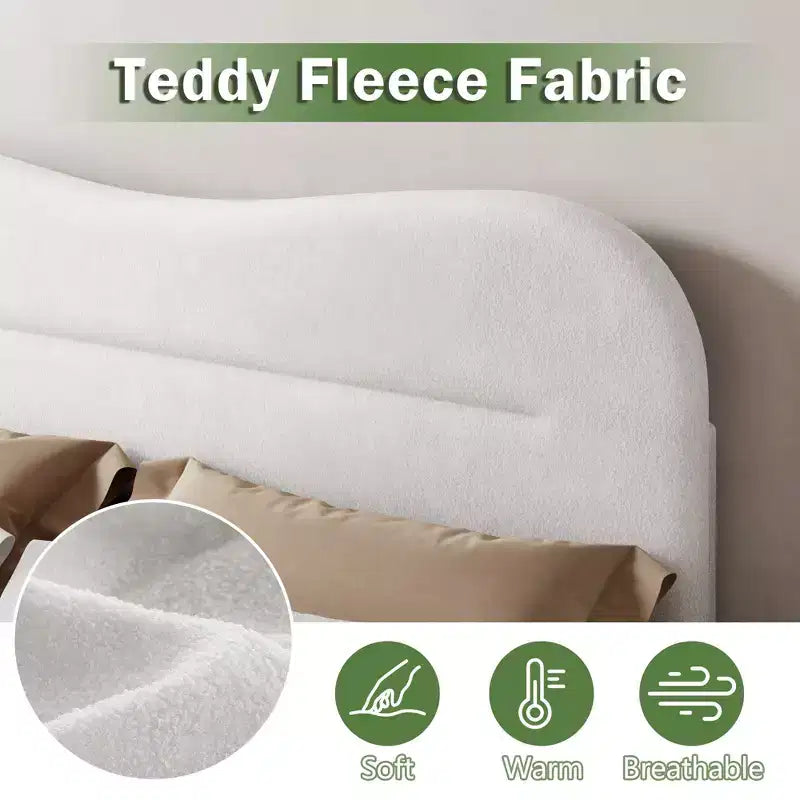 Cadre de lit rembourré pleine grandeur en tissu bouclé Teddy, tête de lit lit nuage blanc, design moderne guimauve, aucun sommier tapissier requis, lattes en bois robustes