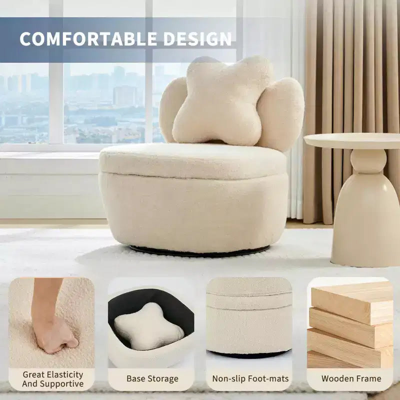 Fauteuil d'appoint pivotant à 360° avec compartiment de rangement, fauteuil en velours Teddy avec coussin ergonomique, tissu anti-rayures