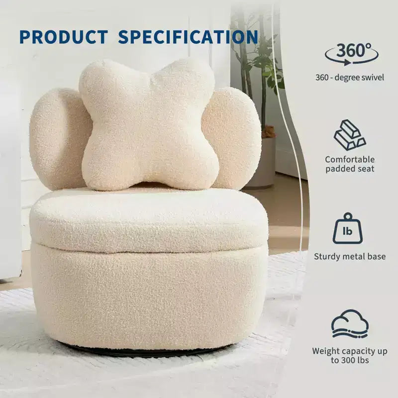 Fauteuil d'appoint pivotant à 360° avec compartiment de rangement, fauteuil en velours Teddy avec coussin ergonomique, tissu anti-rayures