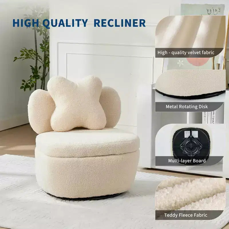 Fauteuil d'appoint pivotant à 360° avec compartiment de rangement, fauteuil en velours Teddy avec coussin ergonomique, tissu anti-rayures