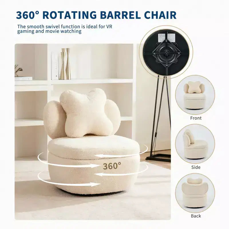 Fauteuil d'appoint pivotant à 360° avec compartiment de rangement, fauteuil en velours Teddy avec coussin ergonomique, tissu anti-rayures